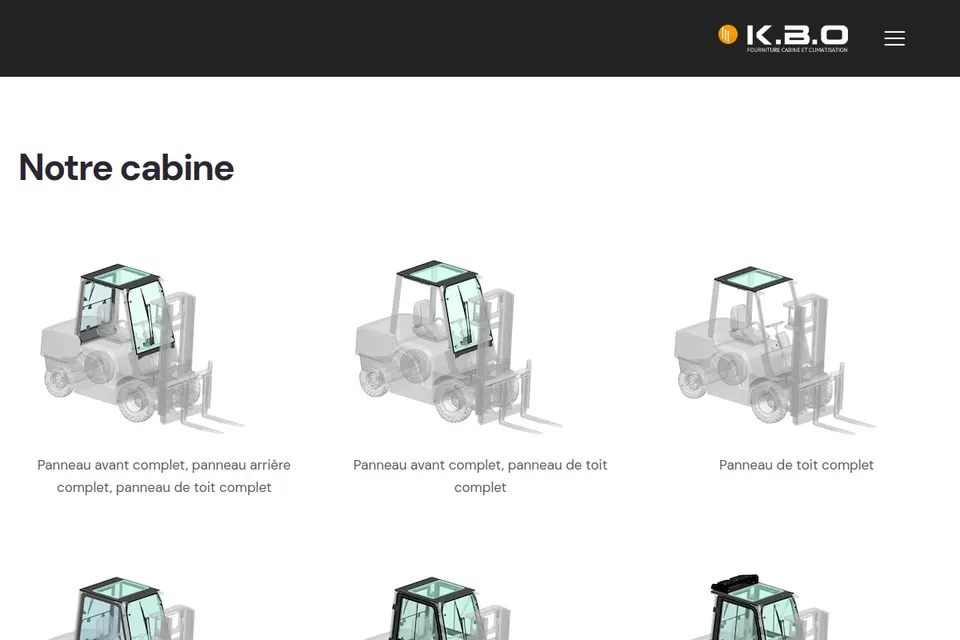Site KBO Cabine, catalogue de cabines pour chariots élévateurs